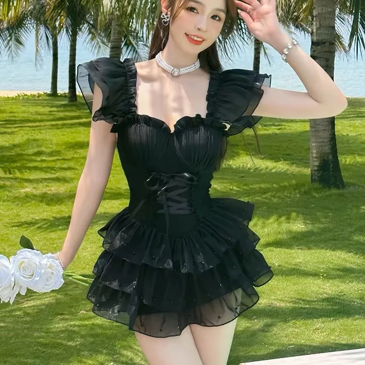 2024 Korean Style High Quality Lace Beach Swimwear Dress Women Elegant Ruffle Sleeves One Piece Beach Wear Monokini