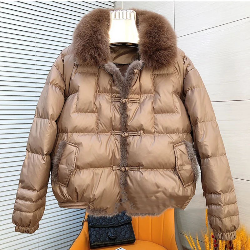 

Women White Duck Down Plate Button Parker Outwears Winter Lightweight Fur Collar Short Down Jacket Female Quilted Warm Jackets