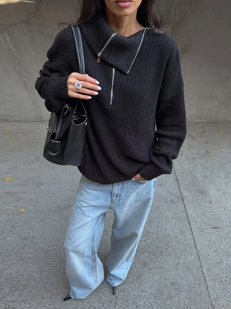 Whatiwear Unregelmäßiger Reißverschluss-Dekorations-Reverspullover für Damen, Herbsttrend, gehäkelt, volle Ärmel, täglich, lässig, Oversize-Stil, klassisches Oberteil