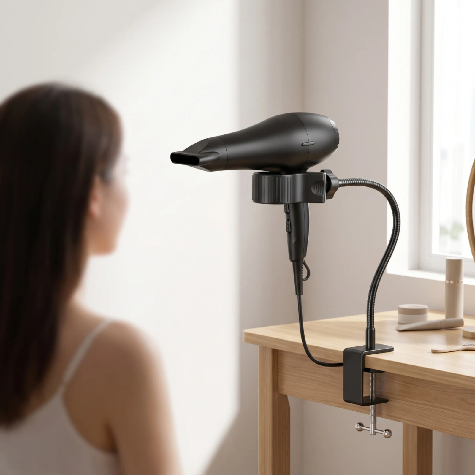 Hair Dryer Holder with Clamp Hands-Liberated Hair Dryer Holder Desk-Mounted Flexible for Pet Owners, Vanity Table, Grooming