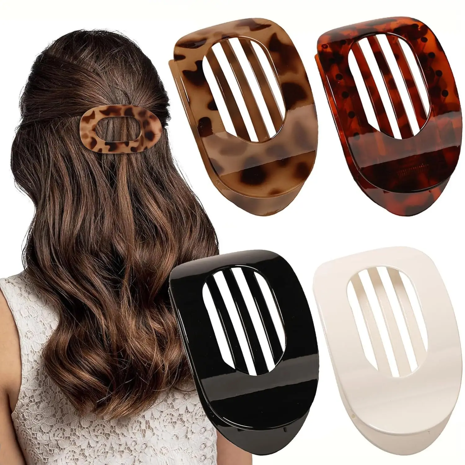 

4Pcs Women Flat Oval Hair Grab Clip Leopard Print Resin Curved Temperament Simple Daily Hair Accessories