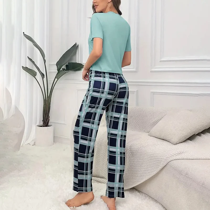 Women\'s Pajamas Set Casual Home Clothes Soft Comfortable Crew Neck T-Shirt & Plaid Pants Sleepwear Piece Loungewear Pyjama Femme