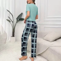 Women's Pajamas Set Casual Home Clothes Soft Comfortable Crew Neck T-Shirt & Plaid Pants Sleepwear Piece Loungewear Pyjama Femme - Image 2