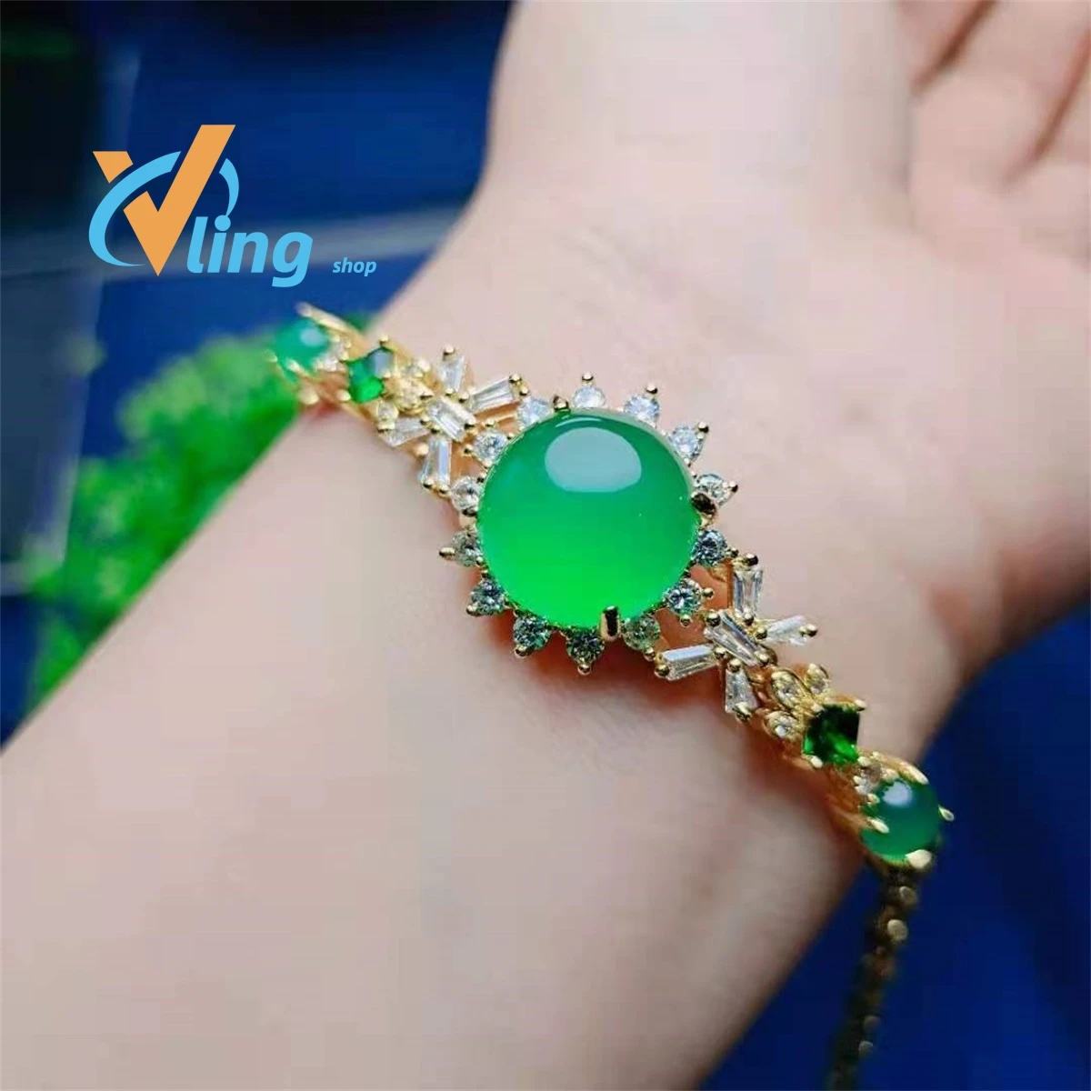 Wholesale Ice Green Chalcedony Female Silver Plated Inlaid Yang Green Agate Jade Egg Face Bracelet Exquisite Fashion Gift Charm