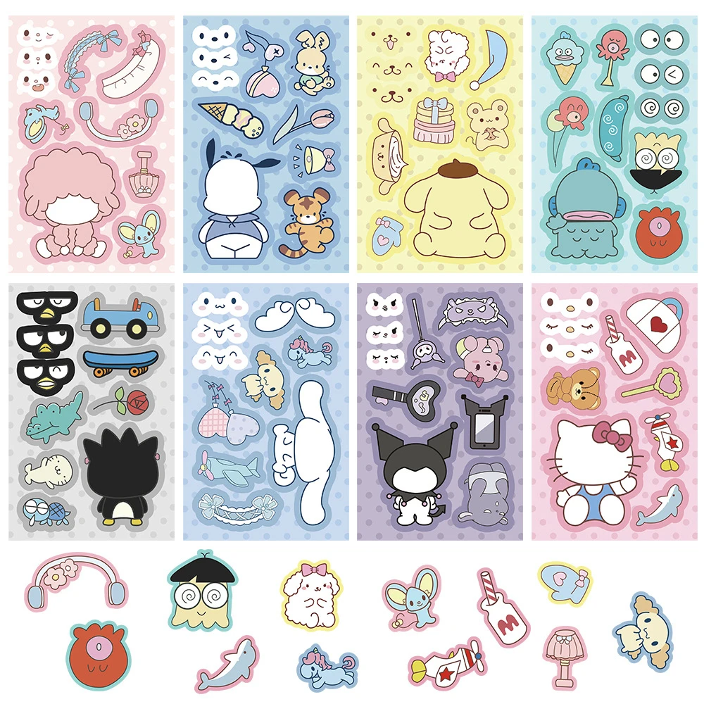 8/16 arkuszy Sanrio Puzzle naklejki zrób twarz dzieci montaż układanki śliczne Kuromi Hello Kitty naklejki prezent urodzinowy dla dzieci