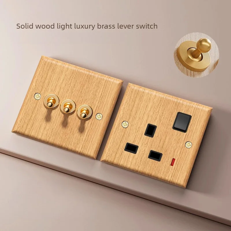 ZeeSue Retro Wooden Toggle Light Switch and UK Wall Socket, Brass-Color Lever Control Panel for Modern Home Decor