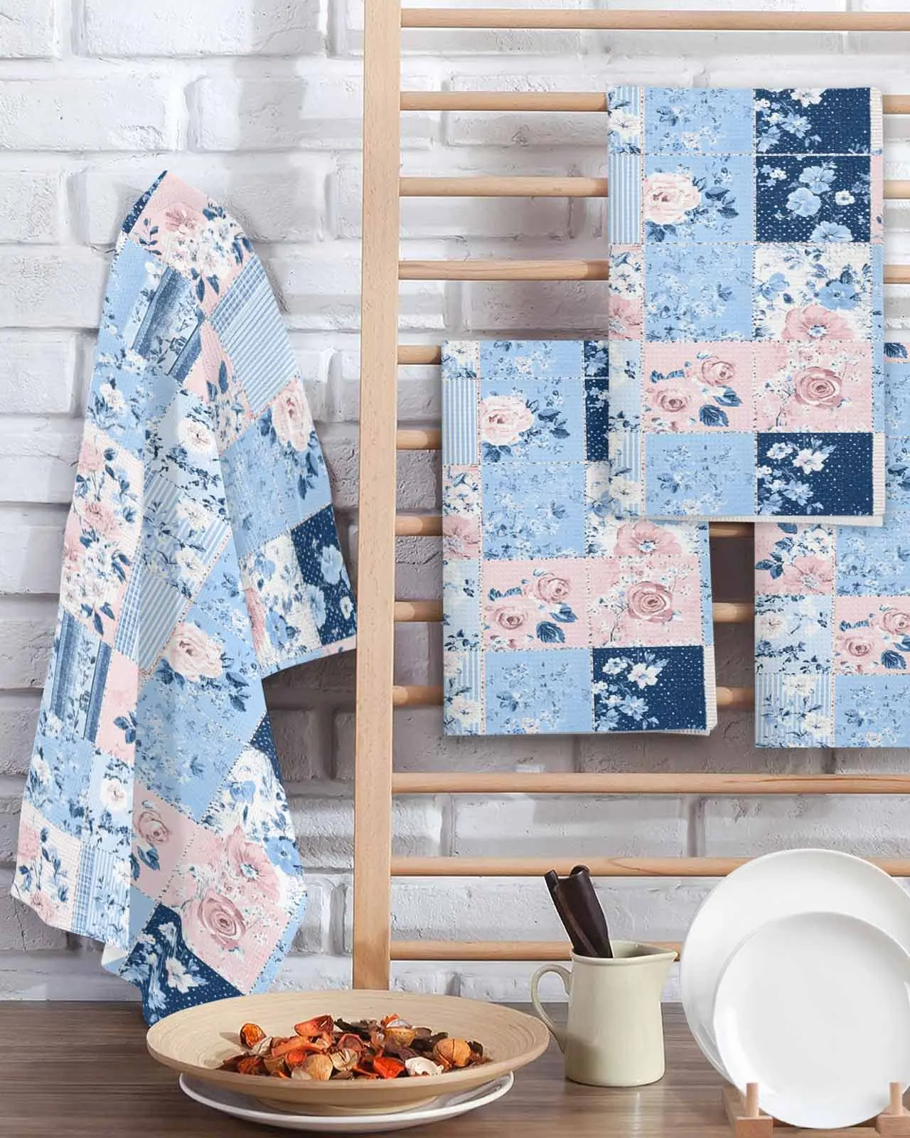 Floral Patchwork Farmhouse Vintage Blue Pink 30*30cm Waffle Microfiber Kitchen Towel Soft Cleaning Cloth Scouring Pad Wiping Rag