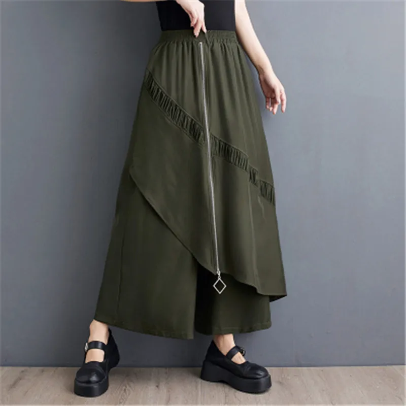 

High Elastic Waist Army Green Irregular Zipper Wide Leg Pants New Trousers Women Fashion Pantalones De Mujer Spring Autumn 2024