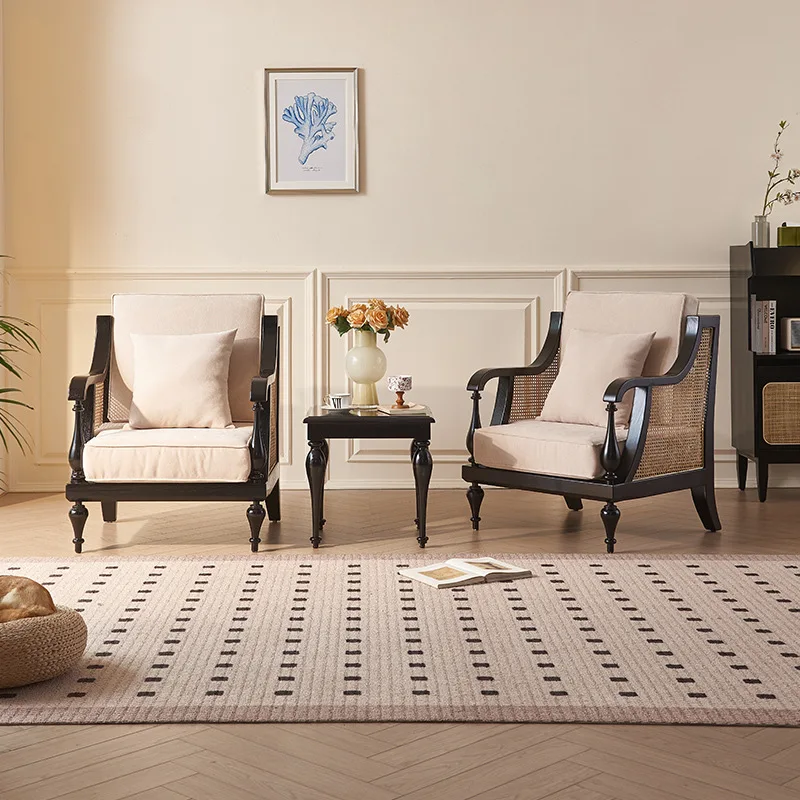 

Nordic rattan solid wood sofa chair side combination black hotel room negotiation chair ash wood single sofa