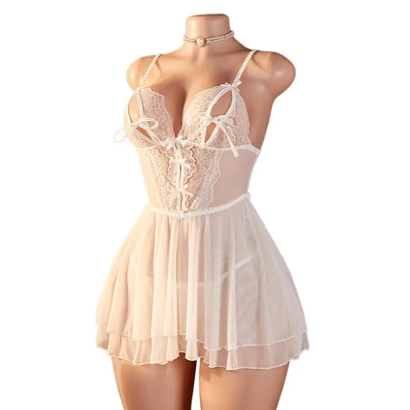 

Белое кружево с открытой грудью и бантом Babydolls, женское перспективное сексуальное спальное платье, комплект, экзотическая ночная рубашка с открытой спиной и ультра короткими бретелями