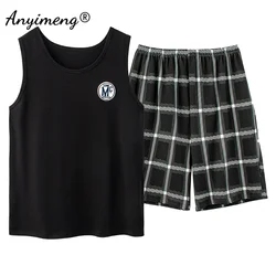 Fashion Pajama Set Men Summer Shorts Plaid Bottom Sleeveless Vest Two Pieces Men Nightwear Sporty Embroidery Badge Cool Pajamas