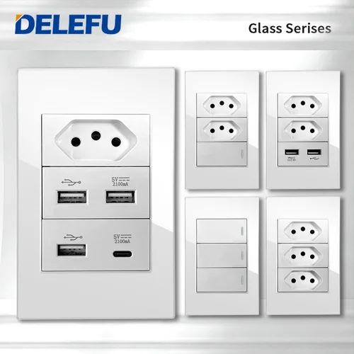 DELEFU 4*2 vidrio templado blanco enchufe estándar de Brasil con doble USB tipo C toma de corriente de pared interruptor inteligente Tuya Wifi 10A 20A