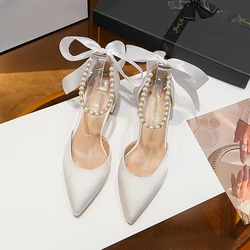 2025 New White Wedding High Heels Pointed Toe Hollow Pearl Chain Ribbon Flower Thick Heels Elegant High Quality Women's Shoes