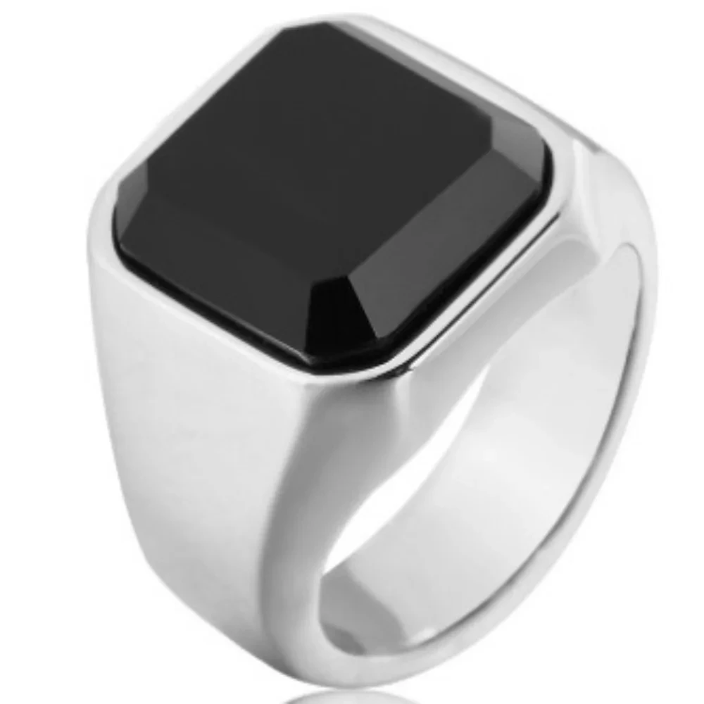 Simple Square Ruby Men\'s Ring Rhinestone Stainless Steel Rings Retro Punk Male Jewelry