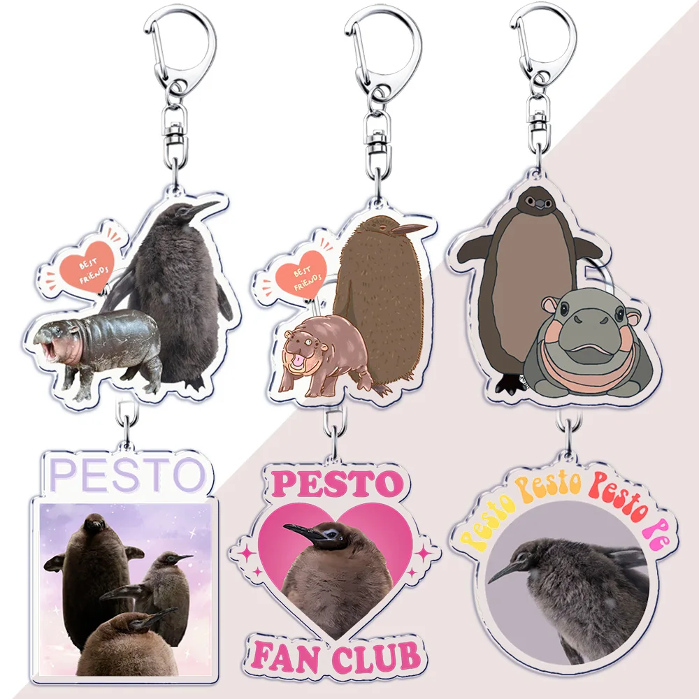 Moo Deng Pesto Penguin Baby Keychains Keyring for Accessories Woman Bag Animal Meme Cute Pendant Car Keyring Jewelry Fans