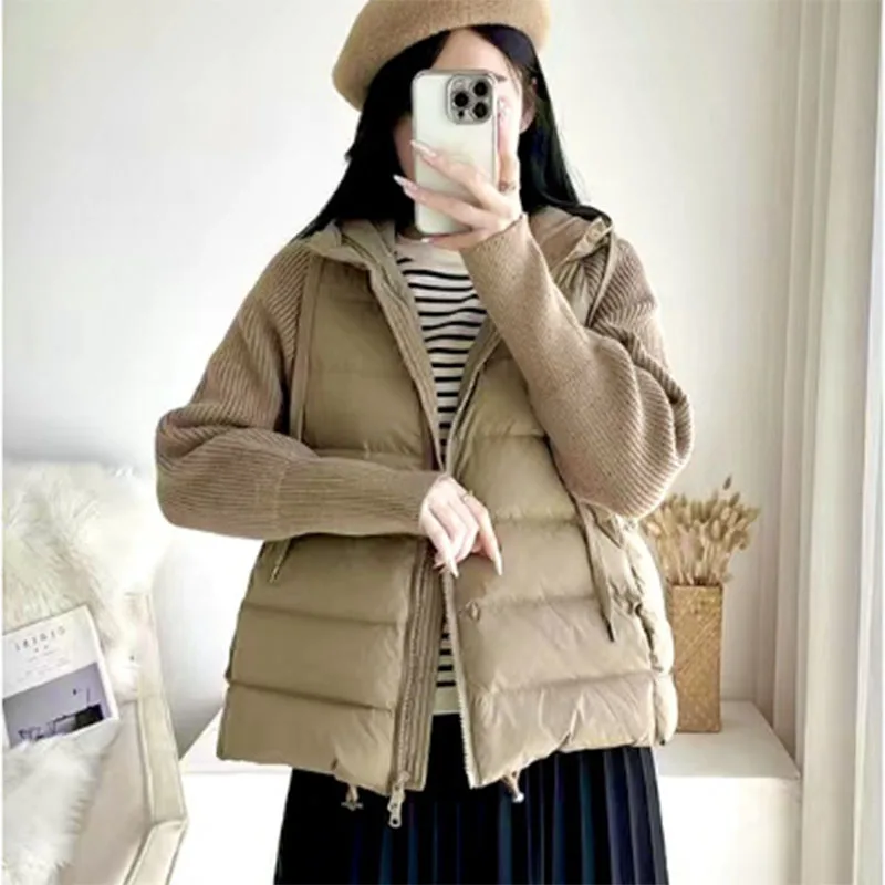 Winter Casual Women Down Jacket 2024 New Fashion Light Luxury High Quality Cashmere Knit Hooded Patchwork Women Down Jacket H74