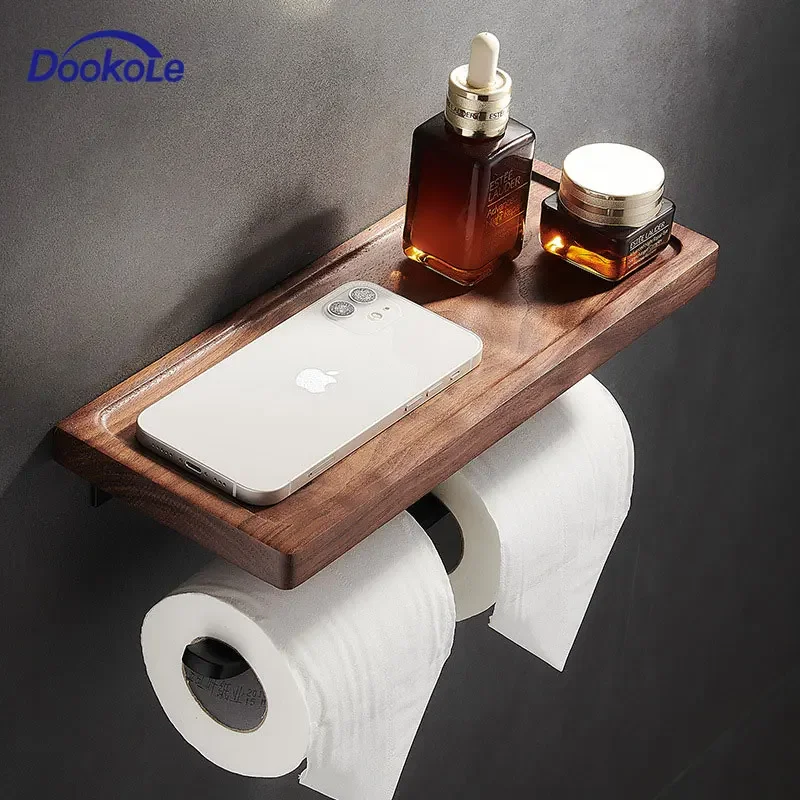 Toilet Paper Holder with Black Walnut Shelf for Bathroom,Wall Mounted Tissue Double Roll