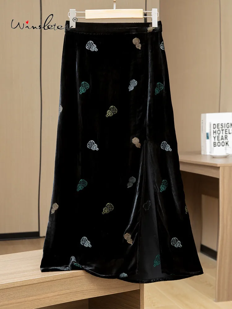 

Winsleter-100% элегантные бархатные юбки из натурального шелка, вышивка на эластичной талии, женская шикарная юбка трапециевидной формы в стиле ретро, осенняя новинка 2023 года B5O442CC