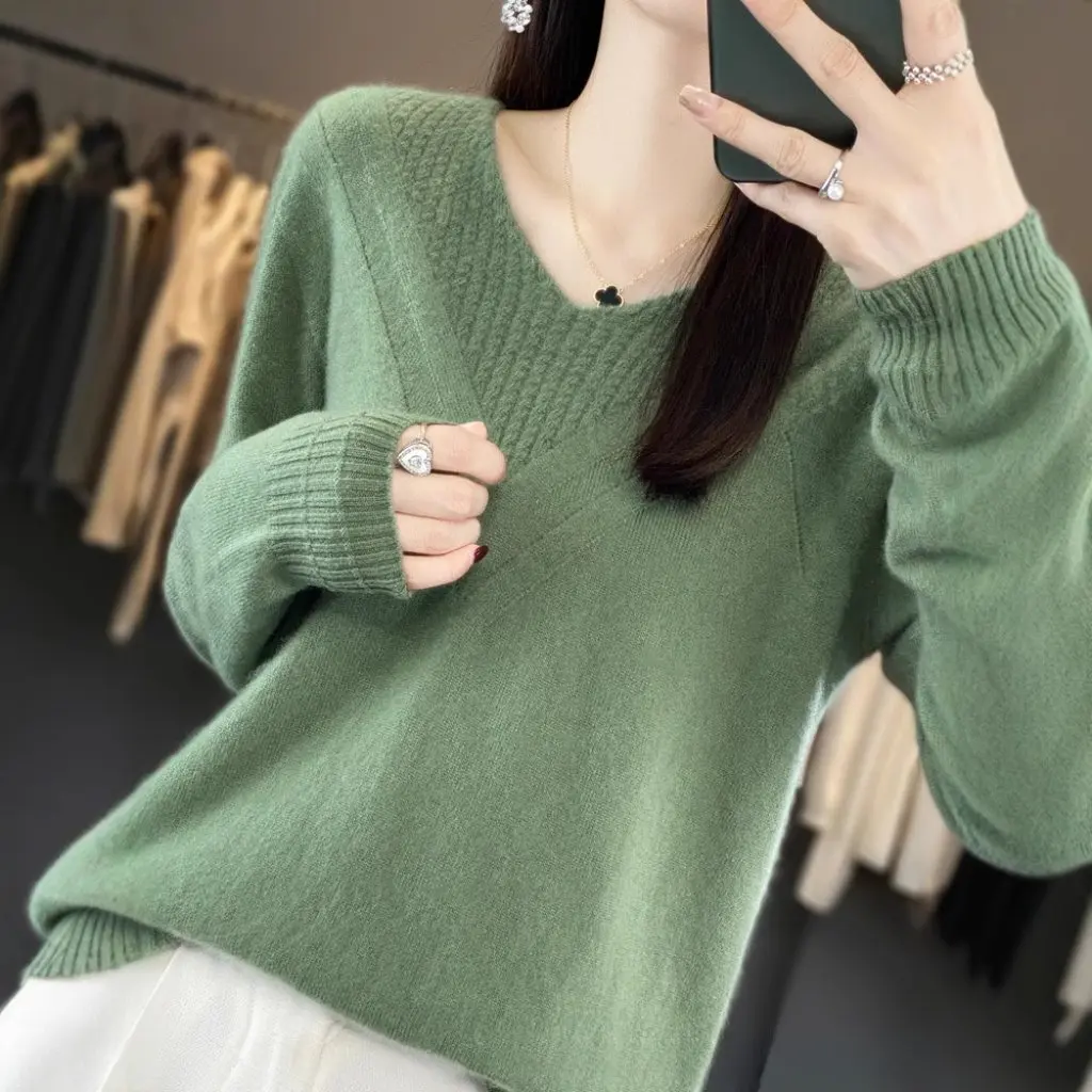 

Women's 100% Pure Wool V-neck Pullover Sweater Knitted Top with Base Shirt Cashmere Autumn Winter New