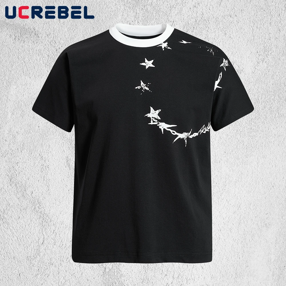 

Spliced Print Short Sleeve T-shirt Mens Summer Retro Streetwear Half-Sleeve Crew Neck Cotton Tee Man Tshirt