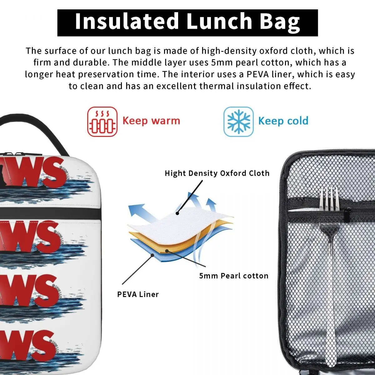 Mandíbulas 50th aniversário logotipo lancheira para adulto gráfico lancheira diversão escola saco térmico conveniente oxford tote sacos de comida