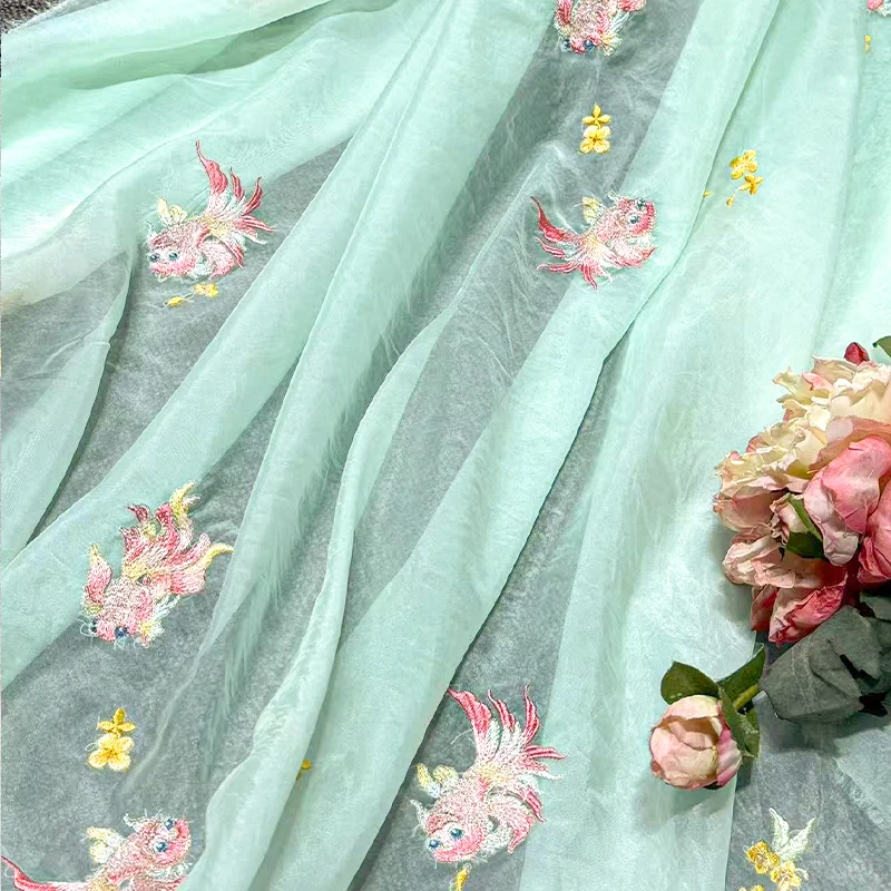 1M Chinese Style Koi Fish Embroidery Fabric Chic Tulle Designer Fabric For DIY Antique Hanfu Dress Skirt Veil Stage Costume