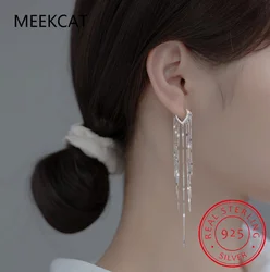 Real 925 Sterling Silver Long Tassel Sparkling Trendy Drop Earrings for Women Dangle Earrings Fine Jewelry Wedding Gift G7026