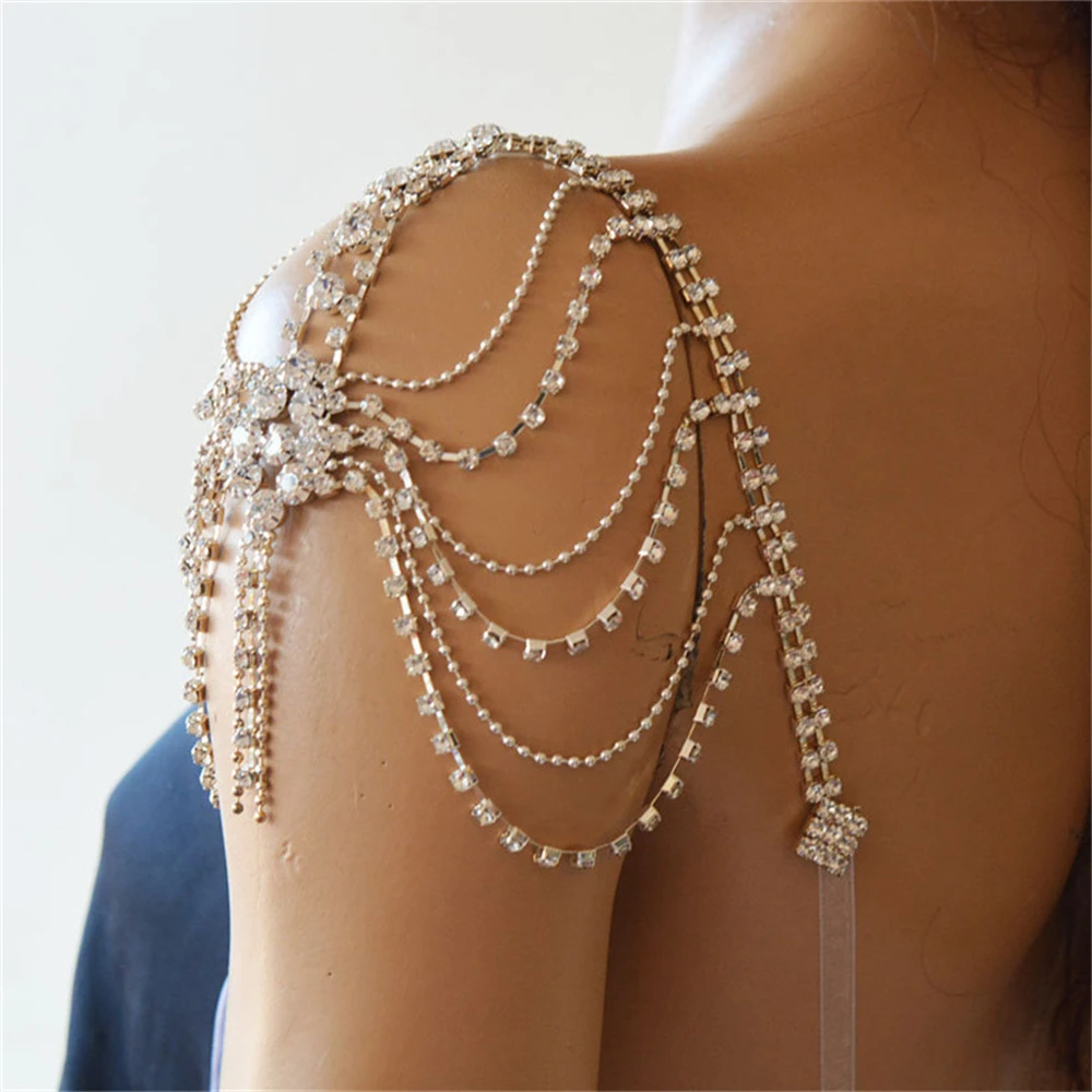 Fashion Hot Selling Multi layered Rhinestone Tassel Single Shoulder Chain Bridal Wedding Ladies Crystal Shining Shoulder  Chain