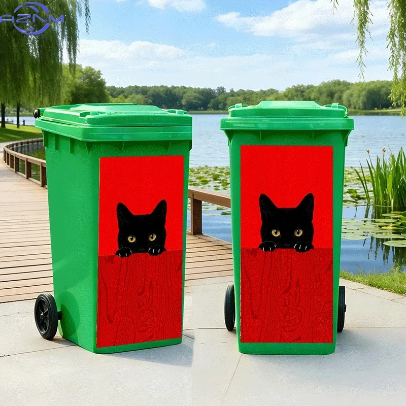 [2D Flat Printing]1pc of Trash Can Sticker[Title Translated, Do Not Change] Red Board Black Cat Peeking Theme Design Wall Stic