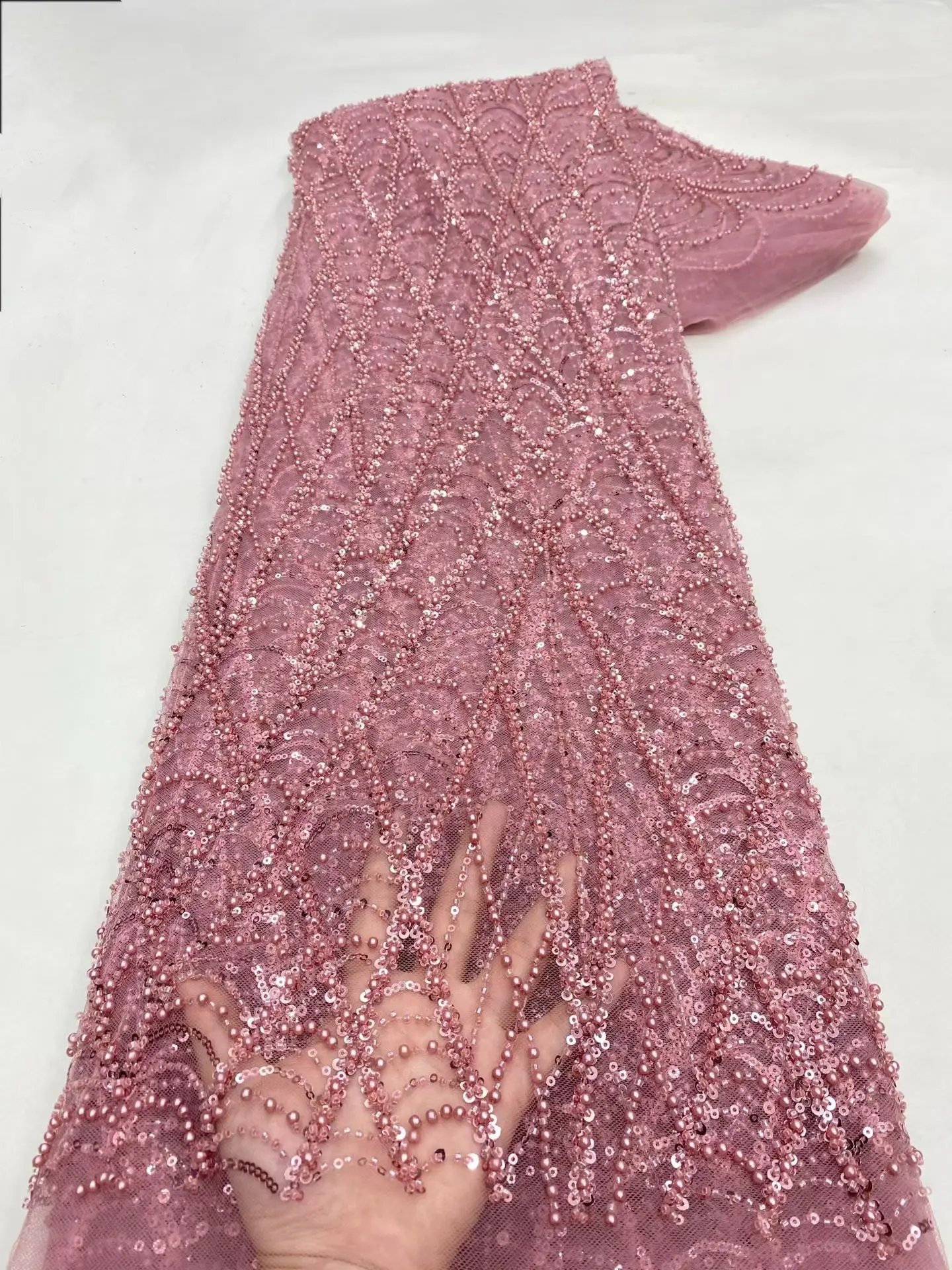 

High Quality African French Mesh Beaded Tulle Sequin Lace Fabric for Women's Evening Party Dresses Nigeria Style 2025