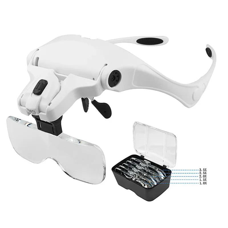 Portable Headband Magnifier Removable Temples Replaceable Mounting Bracket Headband Magnifier with 2 LED Lights 5 Lenses