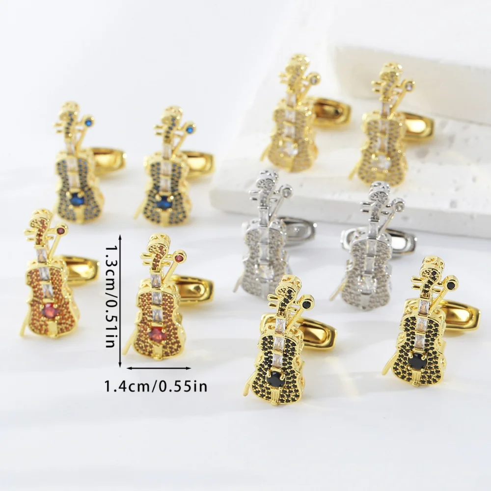 Artistic Violin with Diamond Studded Cufflinks Three-dimensional Instrument Design Creative Music Enthusiasts Suit Accessory