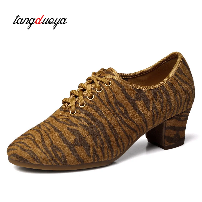 Luipaard Print Dansschoenen Vrouwen Ballroom Tango Latin Dansschoenen Voor Vrouwen Jazz Praktijk Schoenen Zebra Patroon Chunky Hakken