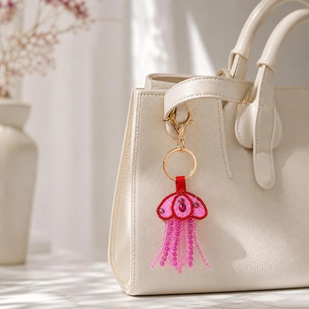 Handmade Handmade Keychain Rhinestone Beads Soft Fabric Jellyfish Patch Keychain Glossy Bead Embellishments