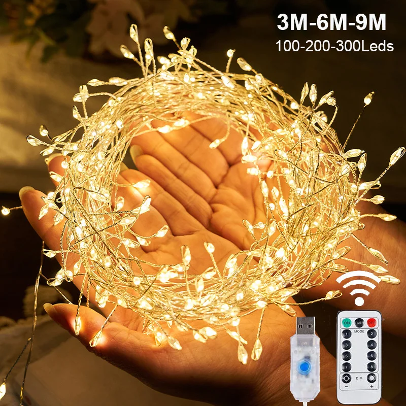 3/6/9M USB Power LED Firecracker String Lights รีโมทคอนโทรล Garland Fairy ไฟสําหรับงานแต่งงานสวนตกแต่งคริสต์มาส