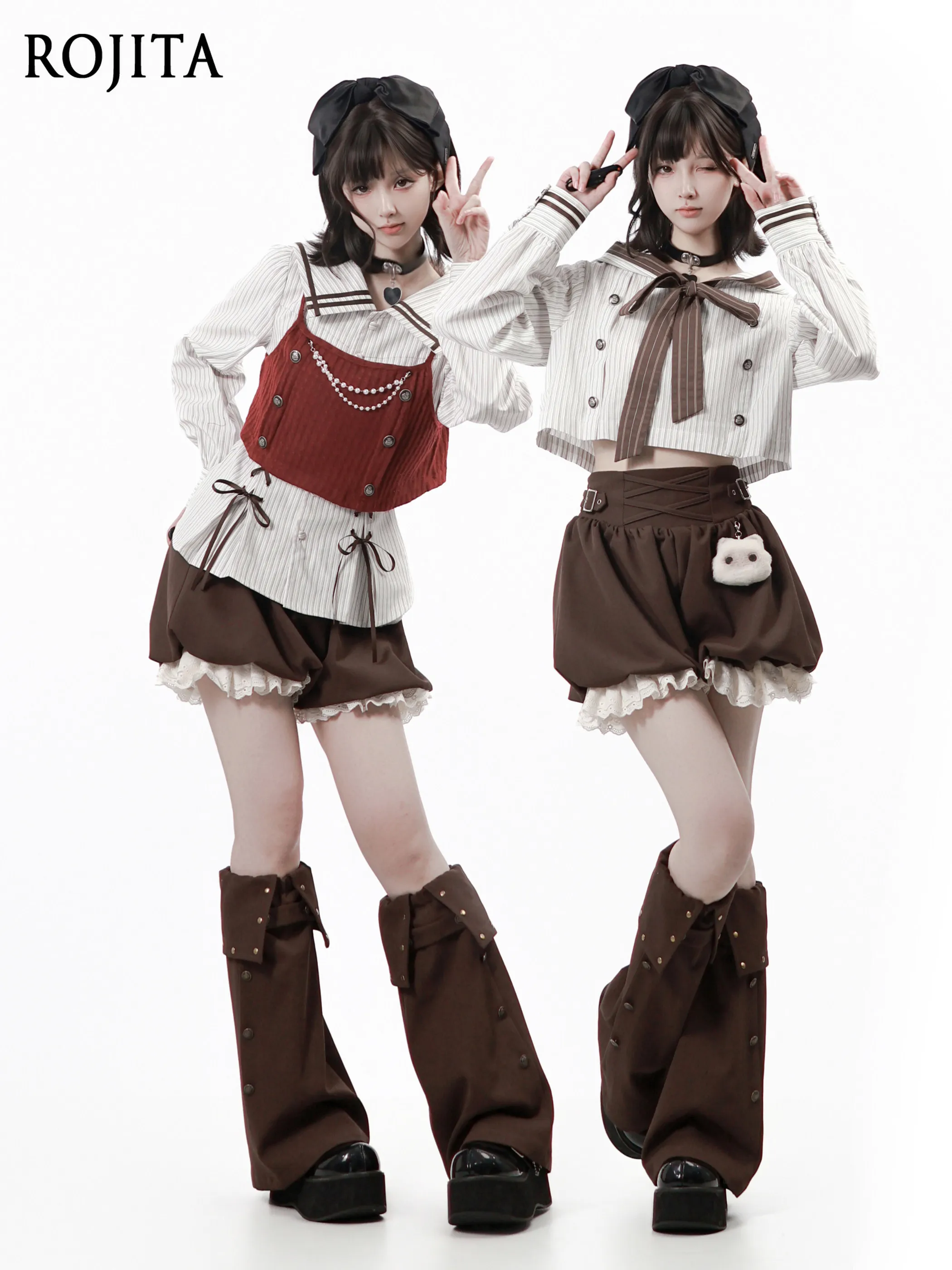 

Bud Skirt Shorts Striped Slim-fit Shirt Tie-dye Bow Hooded Short Shirt Retro Design with Metal Decorative Leg Cuffs