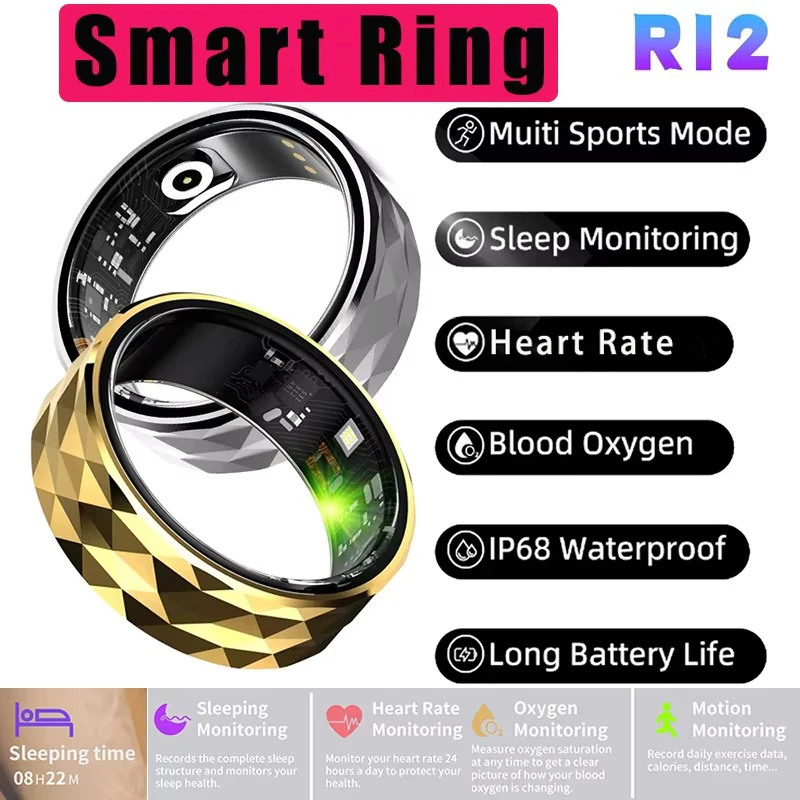 Smart Ring R12 für Herzfrequenz, Blut, Sauerstoff, Gesundheits-Tracker-Ringe, Übungsaufzeichnungen, Kalorien, Multi-Sportmodus, IP68 und 5 ATM, wasserdicht