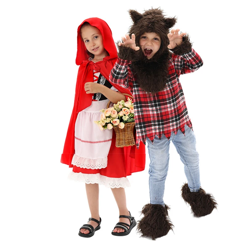 

Girl's Storybook Little Red Riding Hood Costume Girls Fairytale Halloween Book Week Outfit Big Bad Wolf Boys Costume