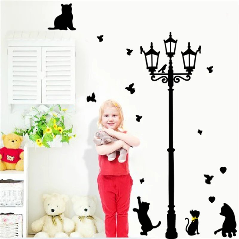 Cute Cat Butterfly Lamppost Wall Stickers for Home Decorations Diy Animal Wall Decal Kids Room Mural Art Peel And Stick