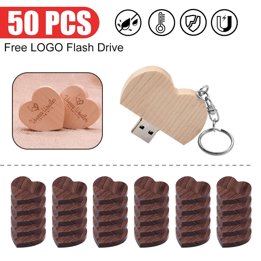 50pcs/lot Wooden Heart USB Flash Drive Pen Drives Pendrive Free Shipping Memory Stick 4GB 8GB 16GB 32GB 64GB Free Custom LOGO