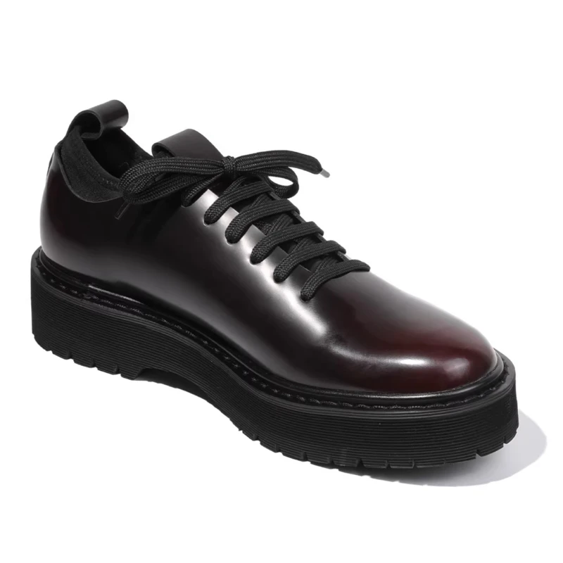 Genuine Leather Wine Red Retro Handmade Thick Sole Increase Shoes Men's Casual Leather Shoes Glossy Cowhide Business Derby Shoes