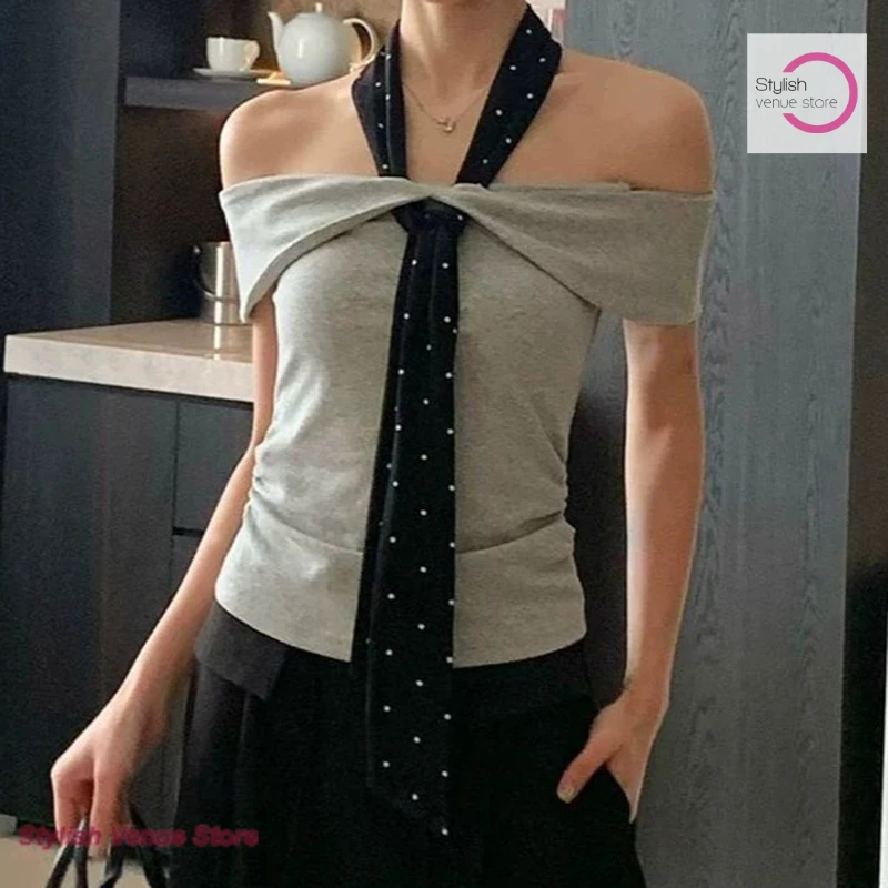Korean-style temperament spice girl storm point strap word shoulder neck short sleeve T-shirt women's summer new waist jacket