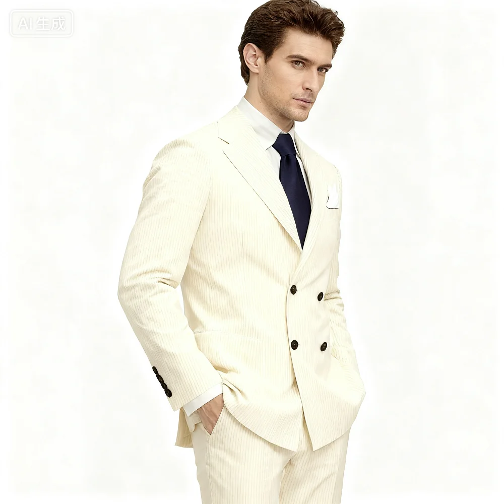 

Men's Casual 2-Piece Seersucker Suit Sky Blue Striped Blazer with Notched Lapel Summer Beach Wedding Jacket And Pants Set