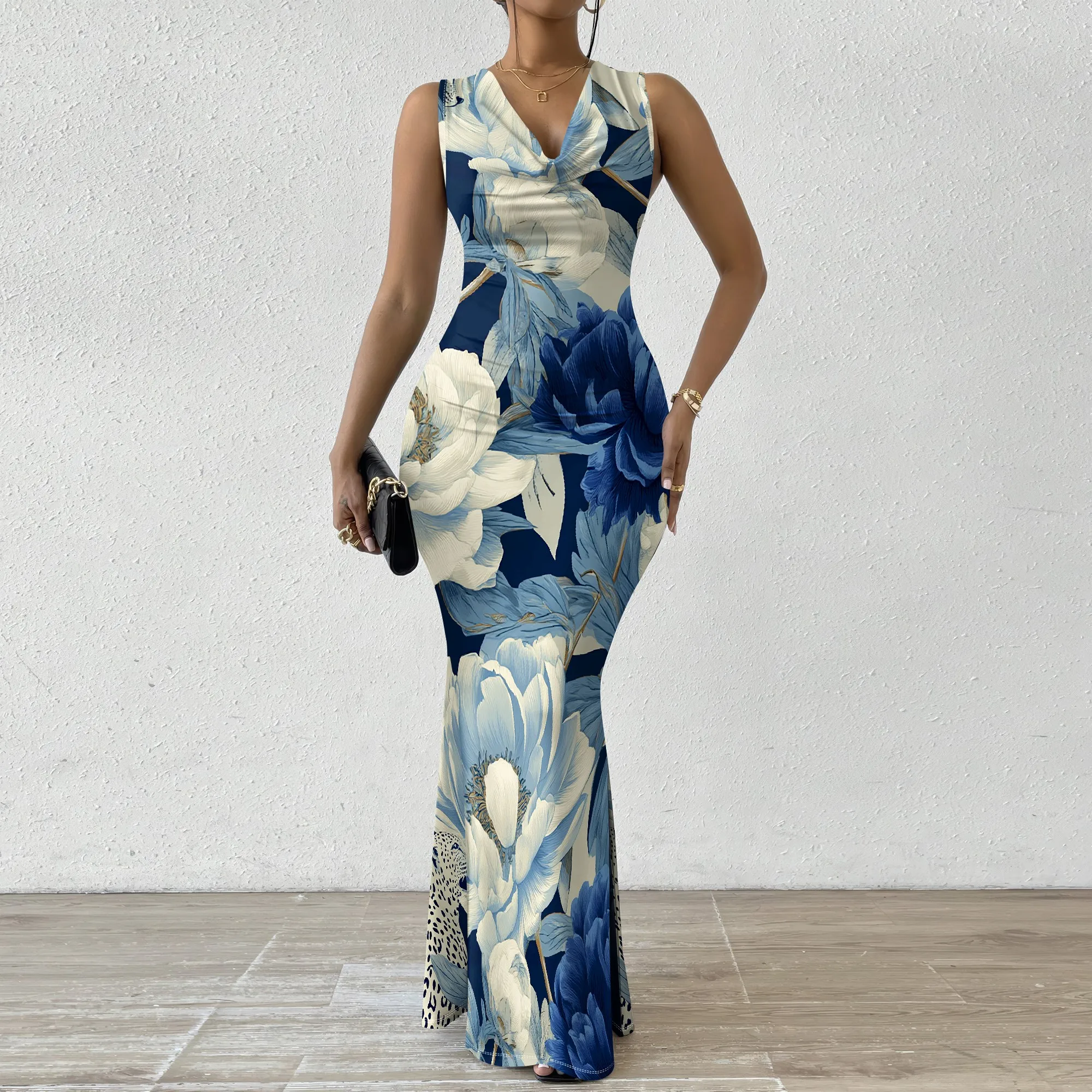 

Blue Floral Print Maxi Dress XS-2XL Sleeveless Cowl Neck Slim Fit Style for Garden Wedding, Elegant Brunch or Summer Party Look