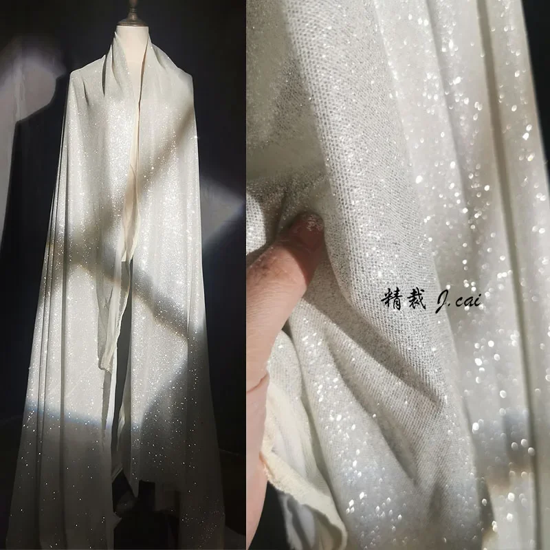 Super Flash Silver Powder Fabric Knitted Drape Fabric All Over The Sky Stage Wedding Dress  Designer Fabric