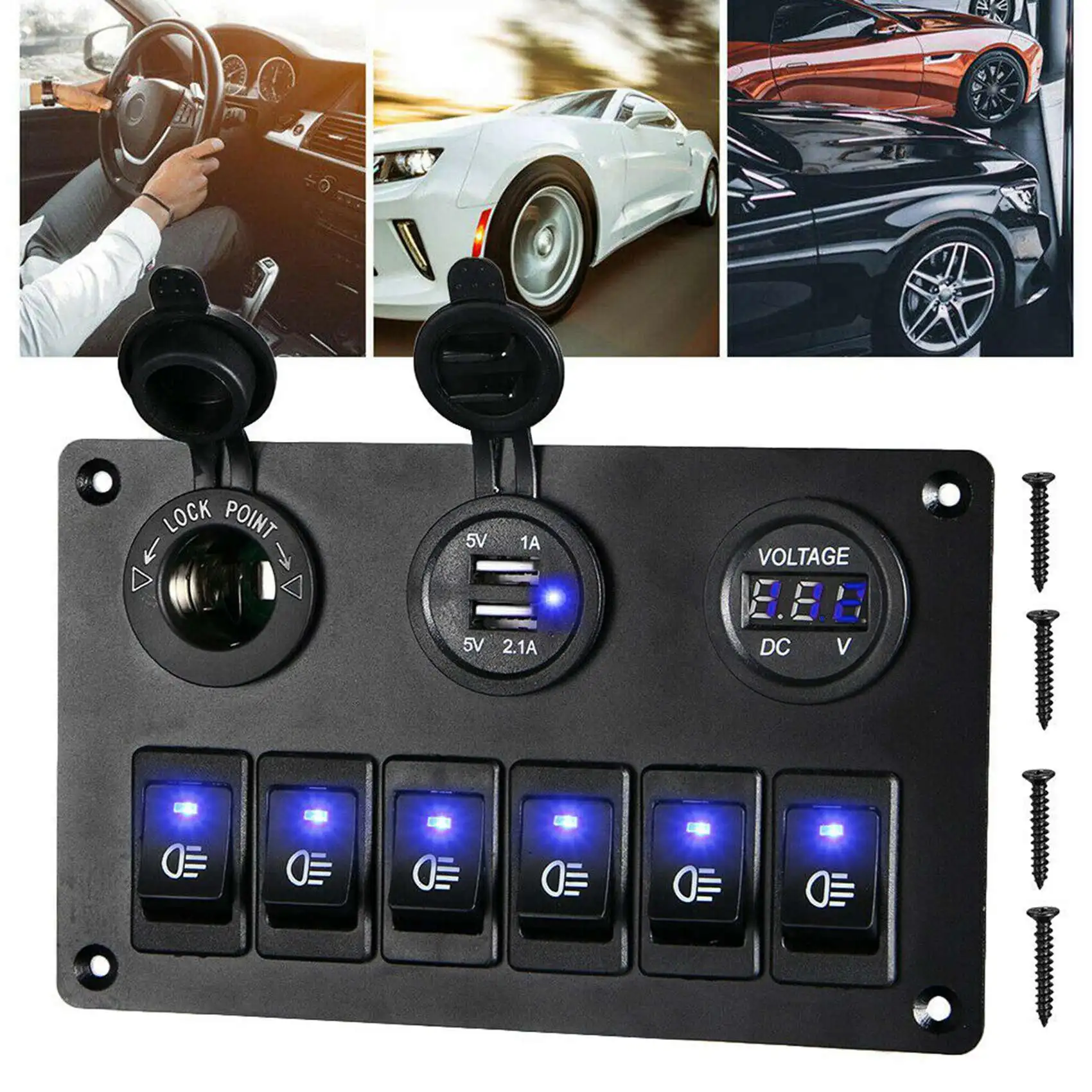 

2X 6 Gang Switch Panel With 12V-24V LED Digital Voltmeter Dual USB Charger Lighter Socket For RV Truck Boat SUV