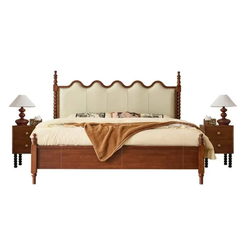 

French retro bed solid wood leather soft bag bed American double master bedroom ripple bed
