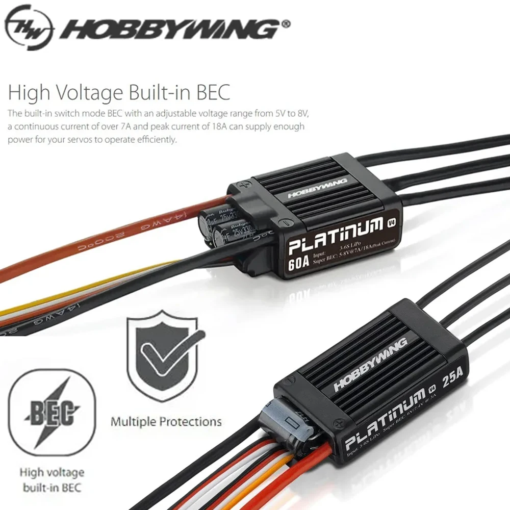 

Hobbywing Platinum V4 25A 60A Brushless ESC Speed Controller 3-6S Lipo Built-in BEC For RC RC Fixed-Wing Airplane Helicopter EDF