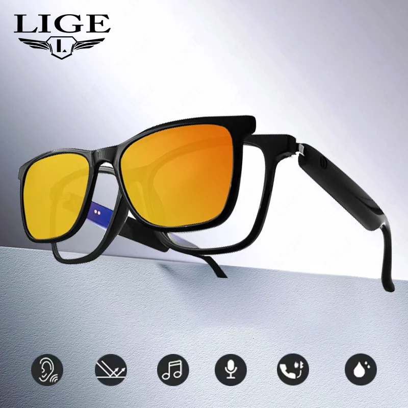 LIGE Anti-blue Light Smart Sunglasses AI Voice Bluetooth Call Music Polarized UV-Proof Magnetic Frame Lenses Headphones Glasses