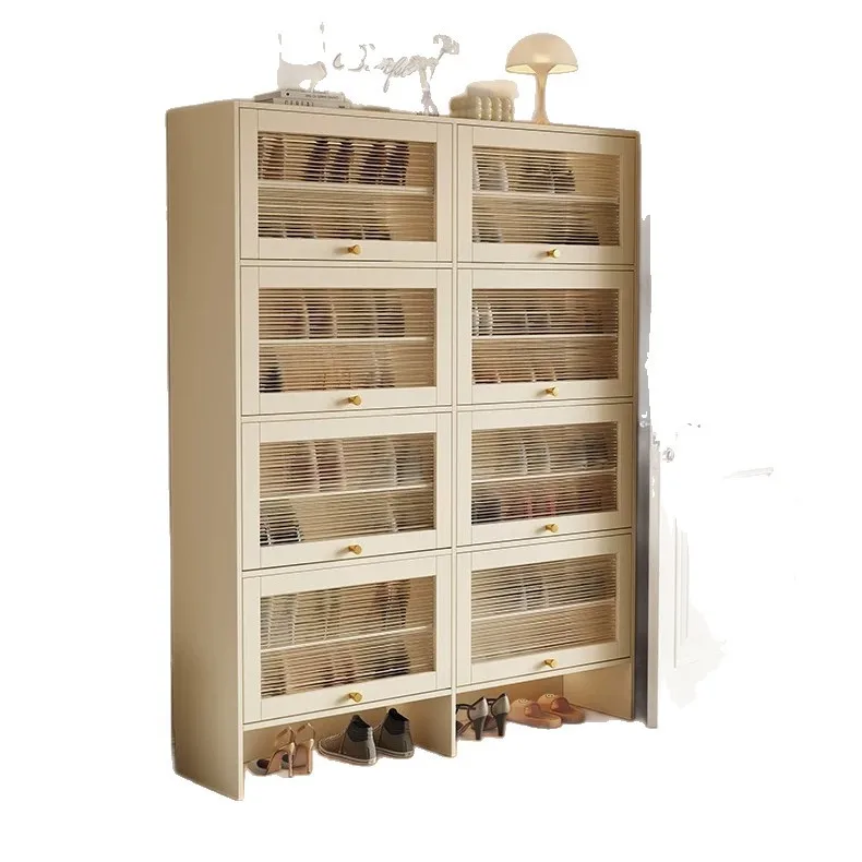 Cream white wind oak household shoe cabinet solid wood storage integrated against the wall